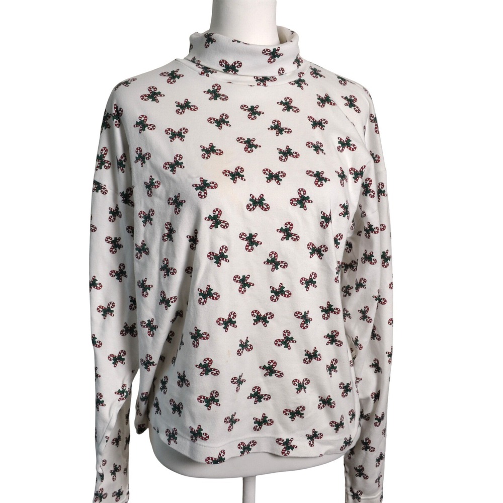 Vintage Honors Women's‎ White Candy Cane Print Turtleneck Grannycore Size Large